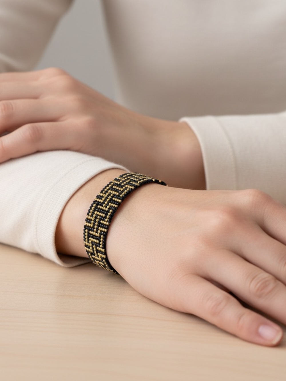 Black Gold Art Deco Beaded Bracelet | Geometric Loom Cuff | CZ Clasp - Picture 4 of 11